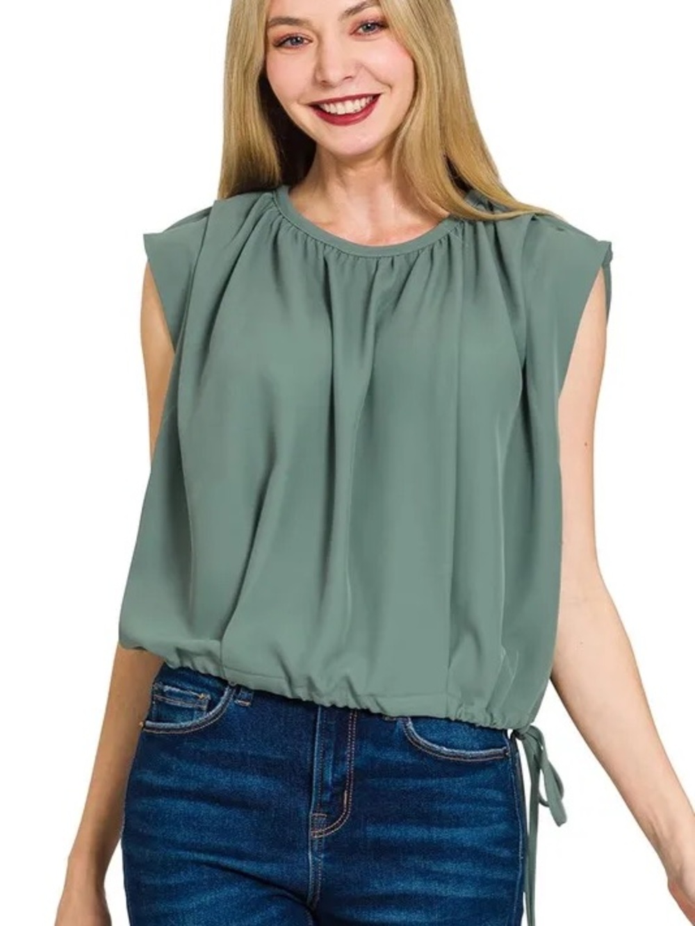 Zenana Outfitters Sage Green Cap Sleeve Drawstring Blouse